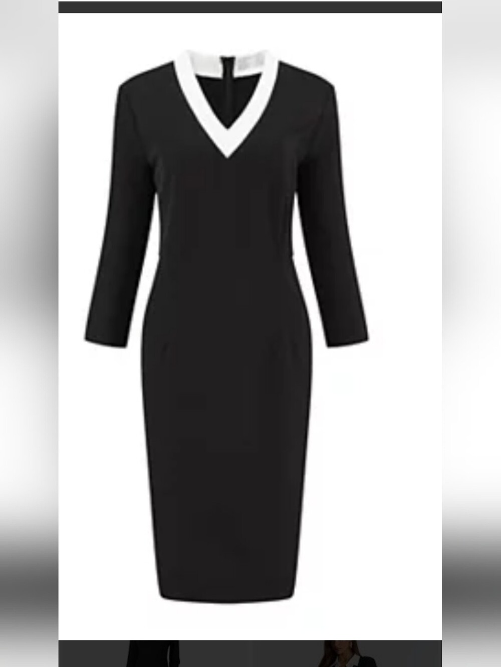 Renona Paris Classic Black V-Neck Sheath Dress with Cream Trim